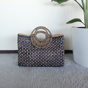 ZARA Navy and Tan Straw Wicker Tote